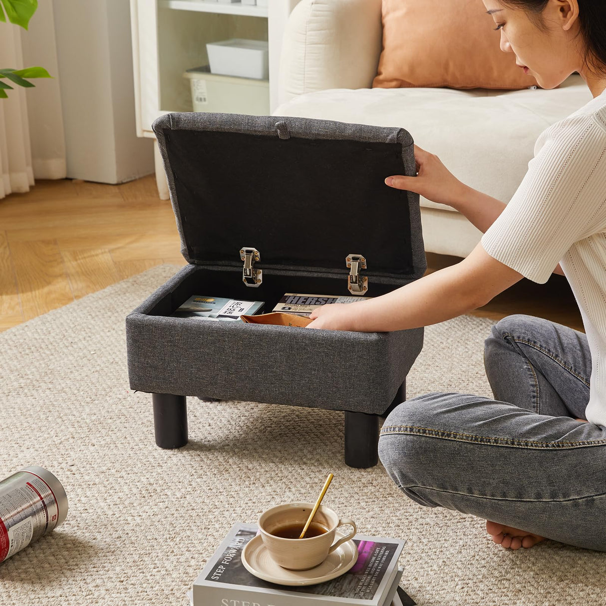 Aibiju Linen Small Ottoman Foot Rest, Foot Stools with Storage Small, Upholstered Rectangle Wood Ottoman with Safety Hinge Flip Top, Bed Stool for Bedroom Dorm Light Gray YD-JD1364 Aibiju