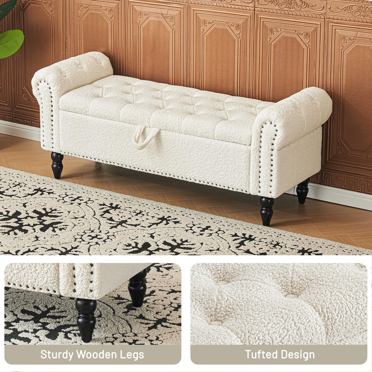 Furniliving Modern Storage Ottoman Bench, Sherpa Bench End of Bed Bench with Solid Wood Legs Upholstered Ottoman Bench with Storage Indoor Bench for Living Room with Rolled Arm, Entryway, White Furniliving