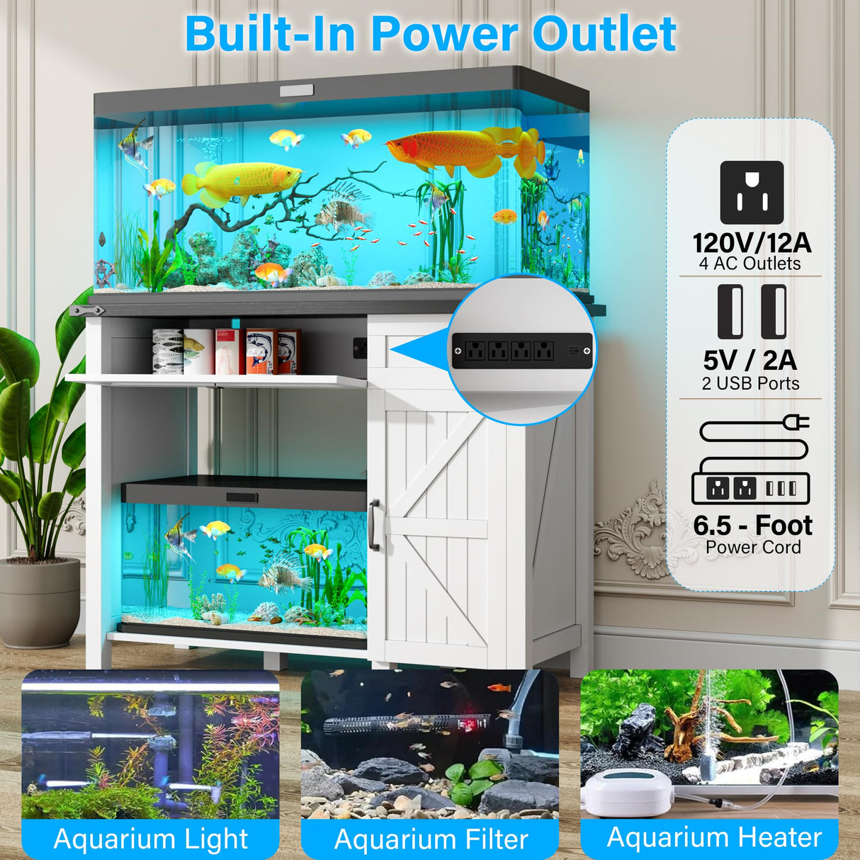 kepptory 40 Gallon Fish Tank Stand with Power Outlets, Farmhouse Decorative Aquarium Stand Furniture with Adjustable Shelves and Drawer, Reptile Turtle Tank Stand with Cabinet Storage (White, 30-40GL) kepptory