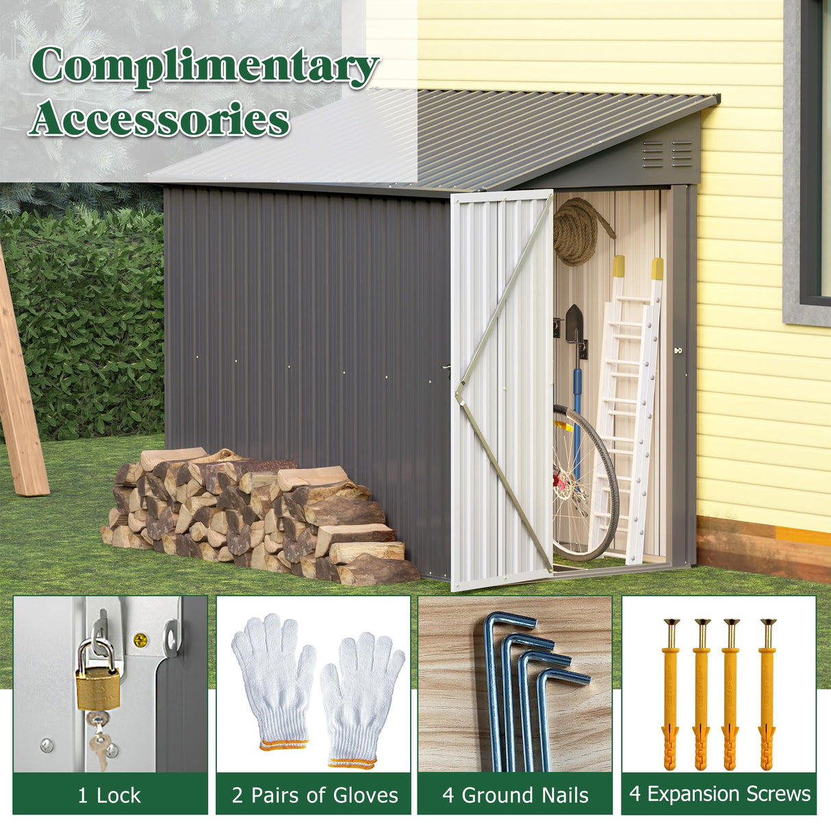 Voryvans Storage Shed 4 * 8 FT Lean to Shed Metal Sheds & Outdoor Storage Cabinet Lockable Tool Organization Bike Mower Shed Portable Outside for Garden Patio, Grey Voryvans