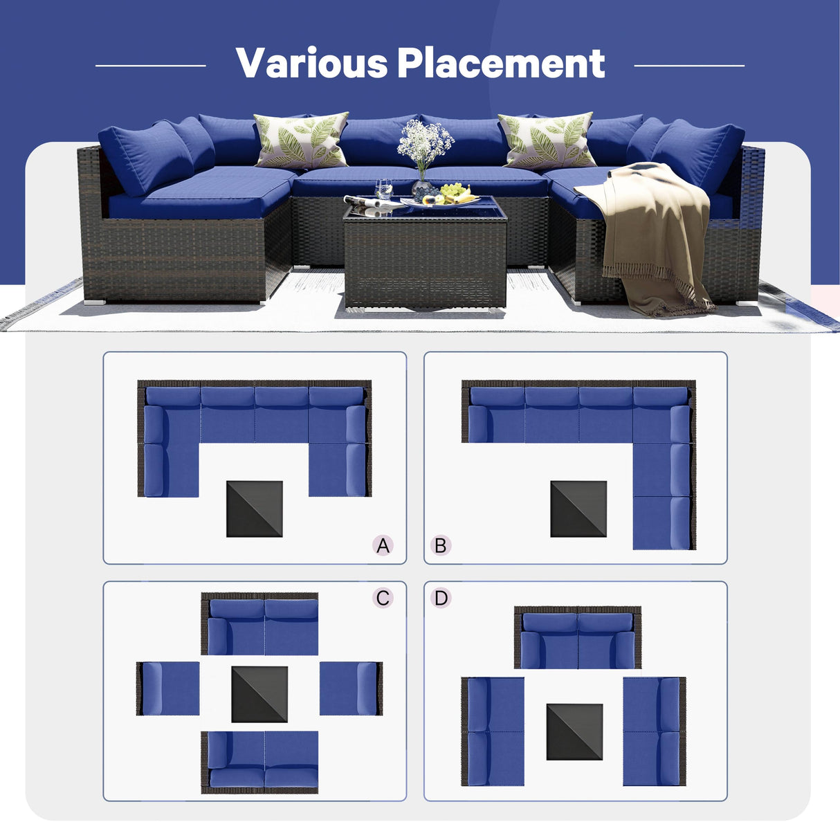 ELEGIBLISS 7 Pieces Patio Furniture Set - Outdoor Sectional Wicker Rattan Furniture with Cushion and Glass Table Patio Conversation Sets for Porch Poolside Backyard Outdoor Sofa Set Modular Sofa ELEGIBLISS