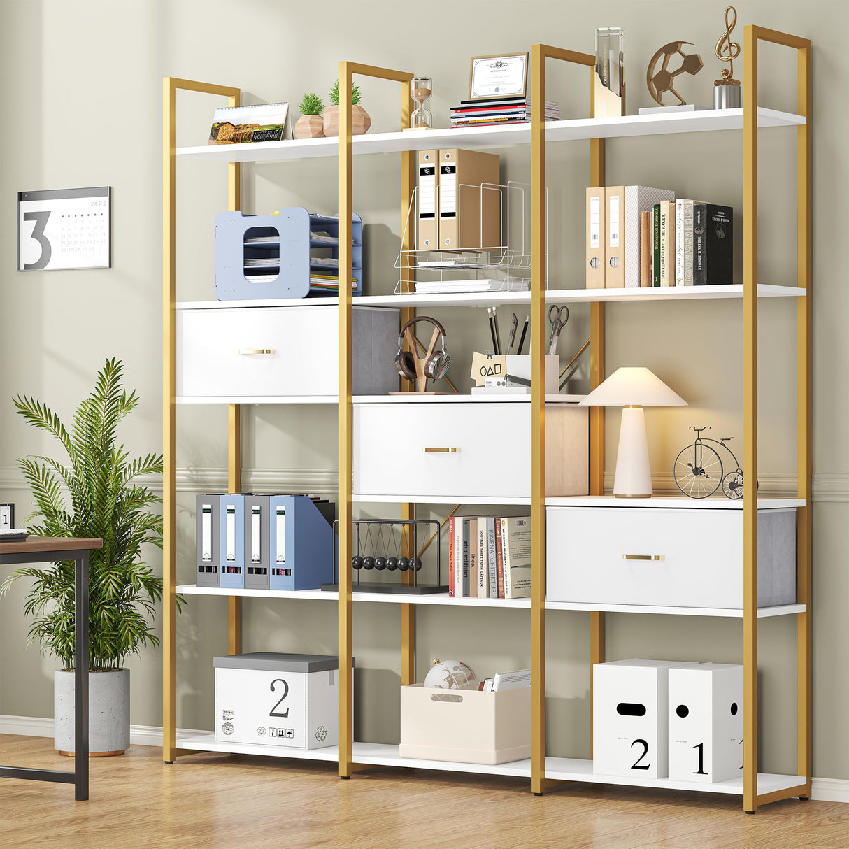 Nosepen 73.6" Tall Bookshelf with 3 Drawers and 16 Storage Shelves, Industrial Bookcase with 16 Open Display Shelves, Large Etagere Bookshelf, Triple Wide Book Shelf Book Case for Home & Office, Gold Nosepen