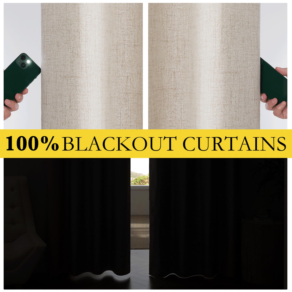 NICETOWN 100% Blackout Linen Curtains 90" Long for Bedroom, Thermal Insulated Living Room Curtains with Liner, Farmhouse Style Linen Blend Window Draperies for Dining Room (2 Panels, 52" W, Natural) NICETOWN