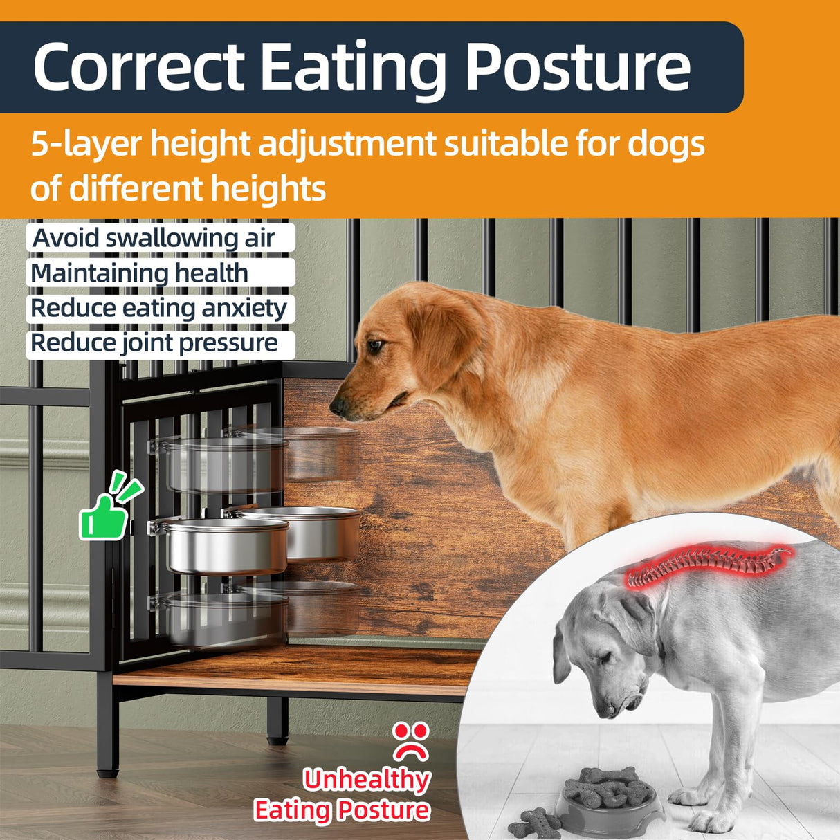 Large Dog Crate Furniture, with 360° Adjustable Elevated Feeder, Heavy Dog Furniture, Indoor Decorative Dog Kennel, Sturdy Metal Construction, 38" W×21" D×36" H, Rustic Brown Finish vanjezand