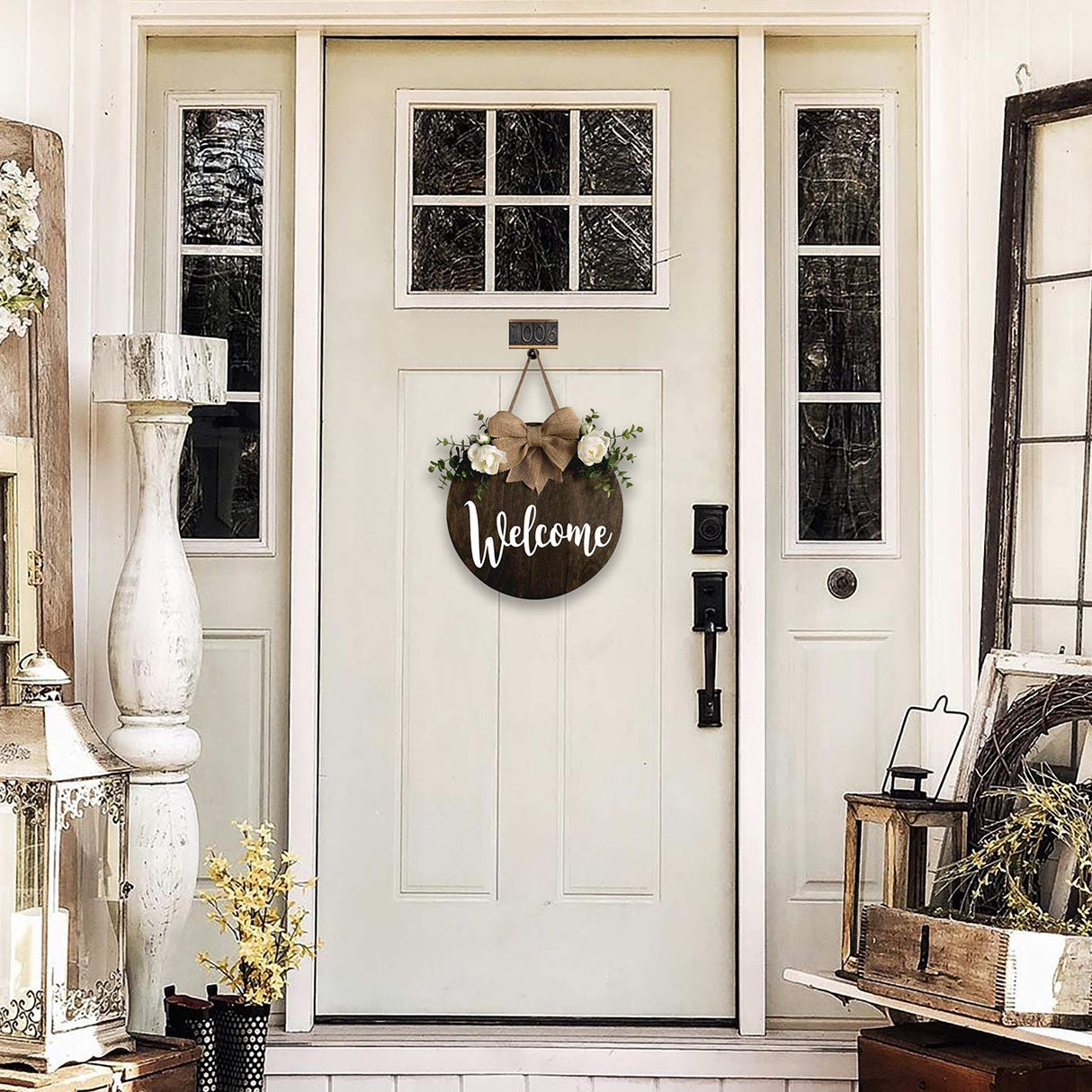 MayAvenue Welcome Wreaths Decor Sign Front Door, Round Wood Hanging Sign with Ribbon Bow and Artificial Green Leaves, Farmhouse Porch Decorations for Home Thanksgiving, Brown DOFAFALA