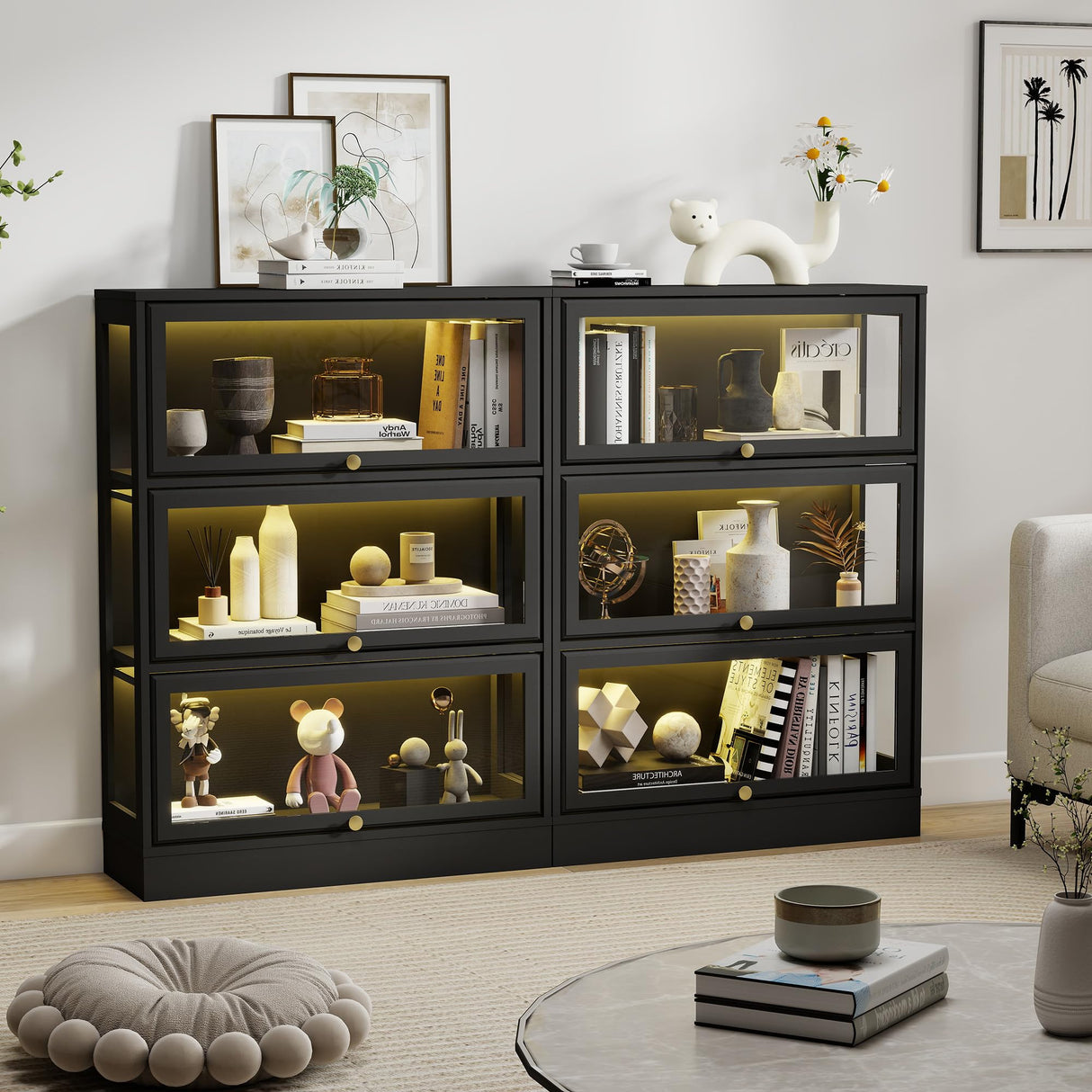 BONITURE Display Cabinet with Acrylic Glass Doors,3-Tiers Curio Cabinet with LED Lighting for Collectibles, Collectibles Toy Organizers Rack & Display Shelf Display Case Storage Cabinet, Black BONITURE