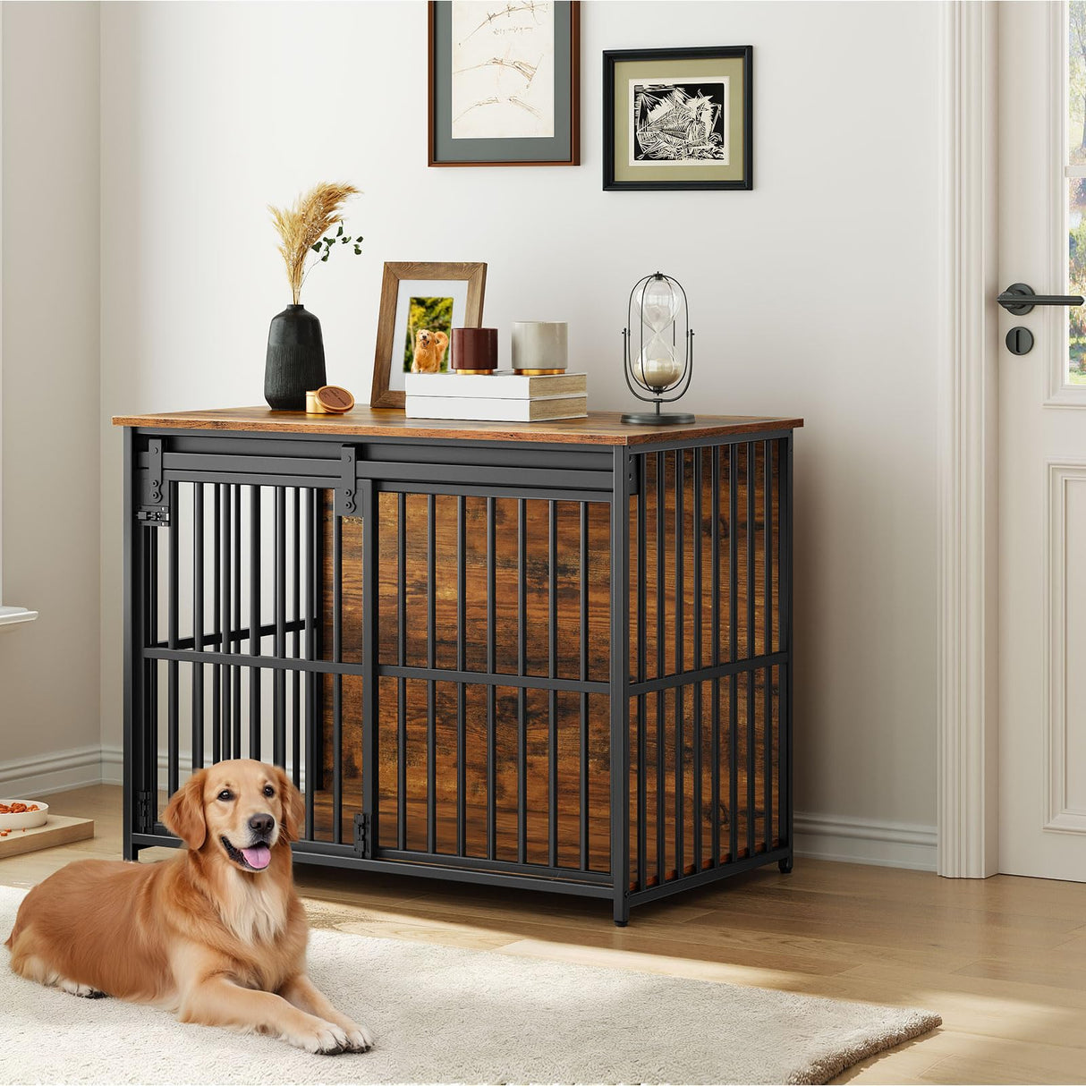 HOOBRO Dog Crate Furniture, 36.6" Heavy Duty Dog Kennel with Sliding Barn Door, Wooden Dog Cage Indoor, Decorative Side End Table for Small/Medium Dogs, Rustic Brown and Black FG162GW03G1 HOOBRO