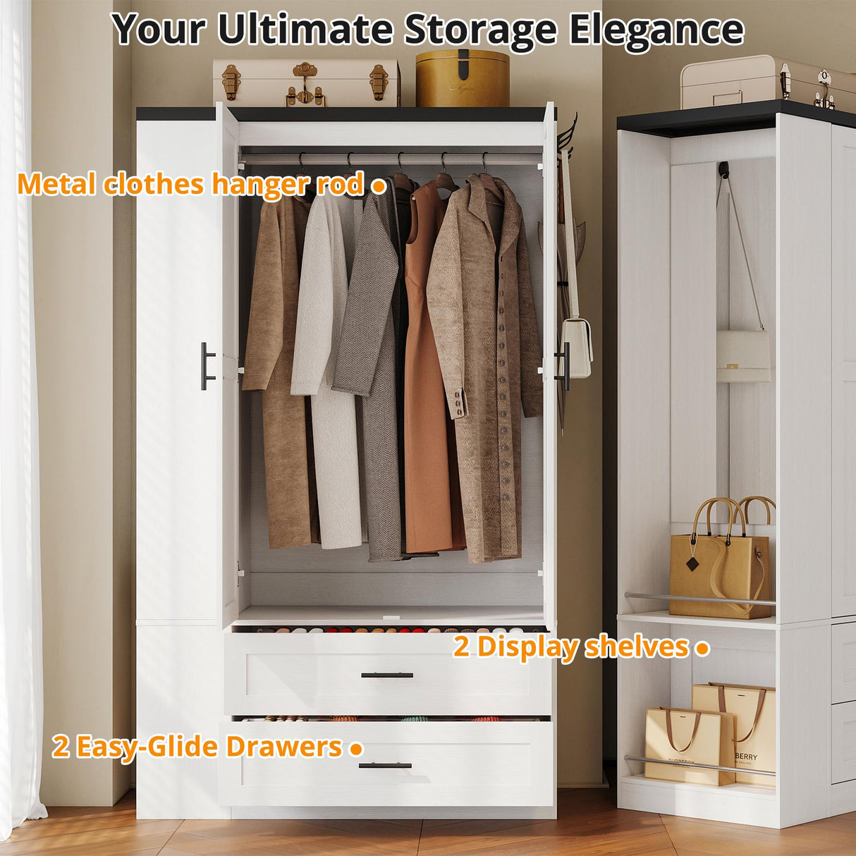 LIKIMIO Armoire Wardrobe Closet with Large Mirror, Storage Cabinet with 2 Doors and 2 Drawers, 2 Storage Shelves, 70" Wardrobe Cabinet for Bedroom,White LIKIMIO