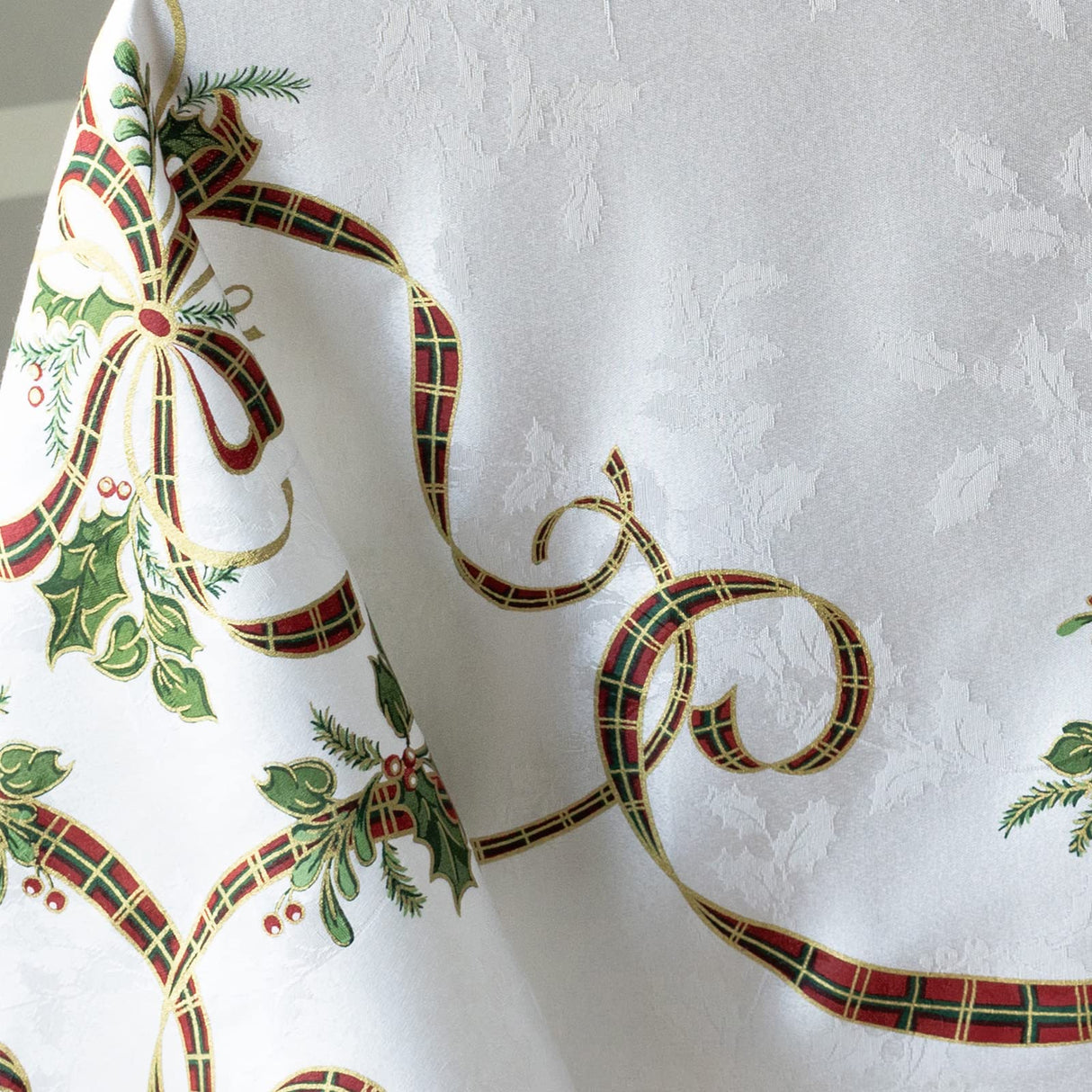 Benson Mills Merry Ribbons Engineered Printed Jacquard Fabric Christmas Table Cloth, for Christmas, Winter, and Holiday Tablecloth (60" x 120" Rectangular, Merry Ribbons) Benson Mills