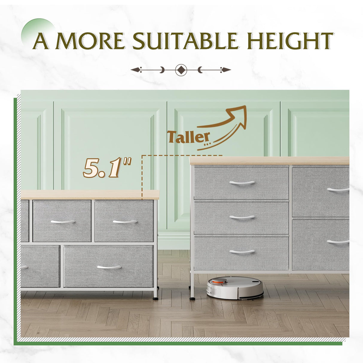 WLIVE Dresser for Bedroom with 5 Drawers, Wide Bedroom Dresser with Drawer Organizers, Chest of Drawers, Fabric Dresser for Living Room, Closet, Hallway, Light Grey WLIVE