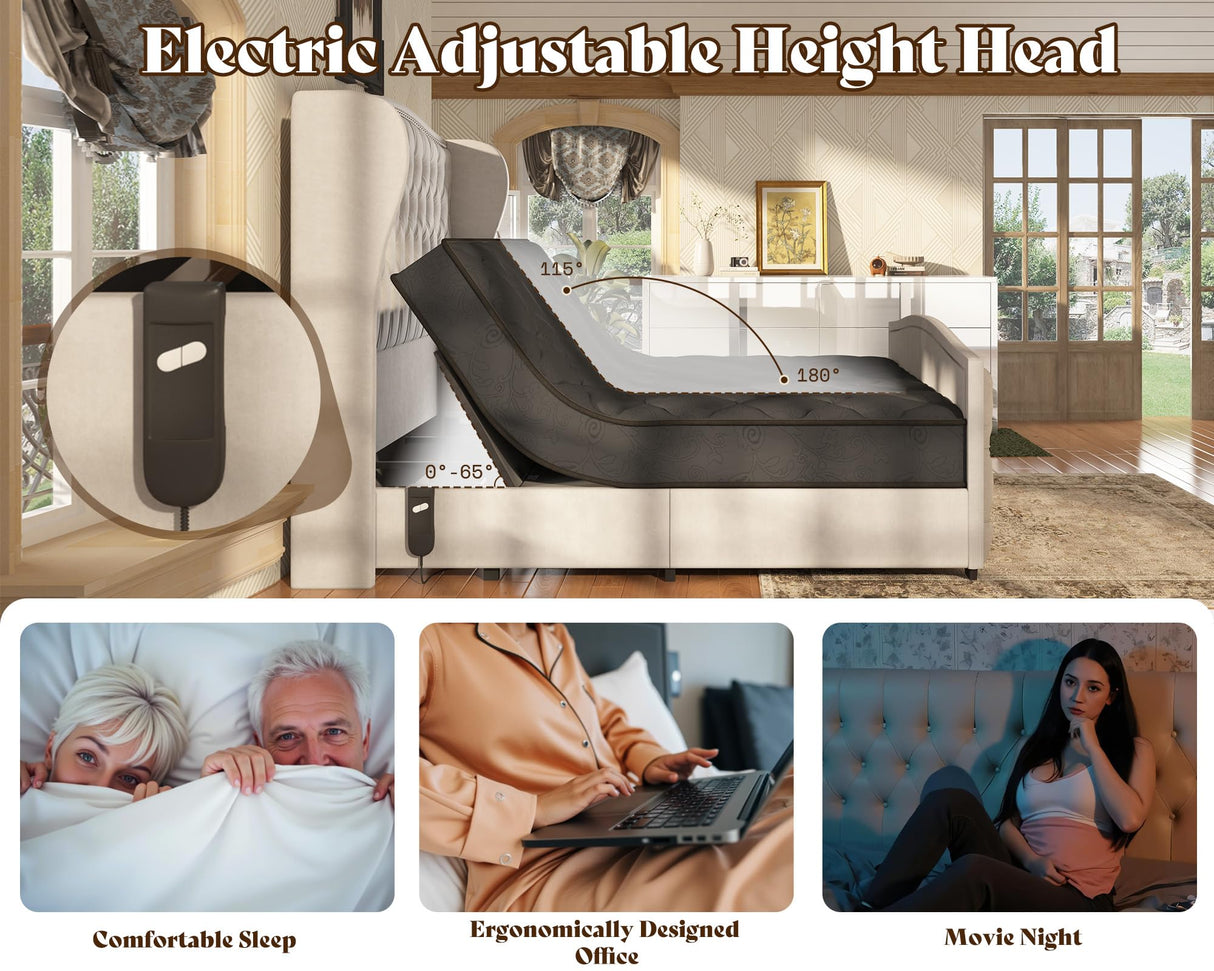 AMERLIFE King Size Adjustable Bed Frame with 51" H Velvet Upholstered and Deep Button Tufted Headboard, Electric Bed with Dual Motor/Nailhead Trim Wingback, No Box Spring Needed, Cream AMERLIFE