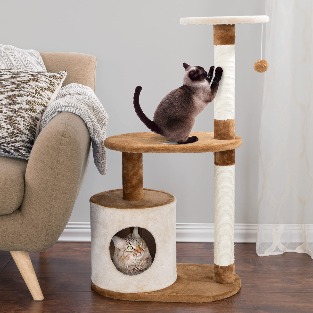 3-Tier Cat Tree - 2 Napping Perches, Kitten Condo, 2 Sisal Rope Scratching Posts, and Hanging Toy - Tower for Indoor Kitties by PETMAKER (Brown) PETMAKER