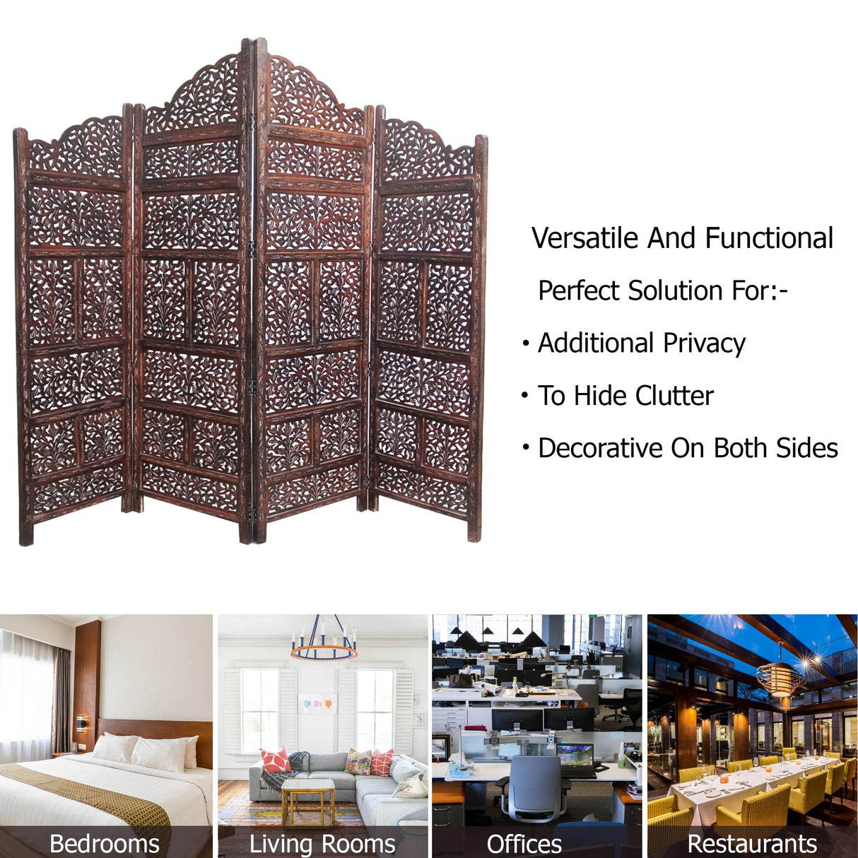 Room Divider Wood Screen - Mahanadi Antique Brown - 4 Panel Folding 72x80 - Wooden Hand Carved Screen Decorative Functional Versatile - Small Spaces Reversible Privacy Partition - COTTON CRAFT COTTON CRAFT