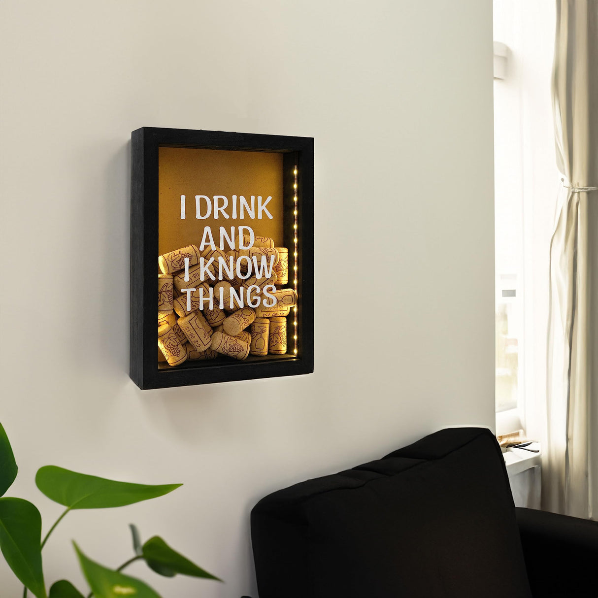 hvfun 8"X11" Rustic Black Wood Shadow Box with Lights,LED-lit Display case for Wine Corks, Tickets, and Creative Exhibits,Artistic Presentations hvfun