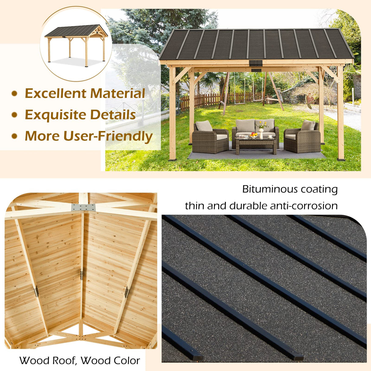 YOLENY Wood Gazebo, 12' x 15' Gazebo Hardtop Gazebo, Spruce Wood Solid Wood Gazebo, Waterproof Asphalt Roof, for Lawns, Beach, Patio, Garden, Yard, Easy Assembly YOLENY