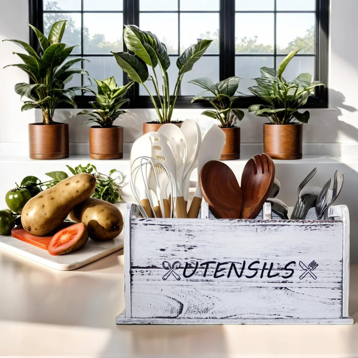 ST-BEST-P Utensil Holder Rustic Wood White Large Farmhouse Spatula Organizer for Kitchen counter Farmhouse,Countertop,Cooking Tools Storage (White) ST-BEST-P