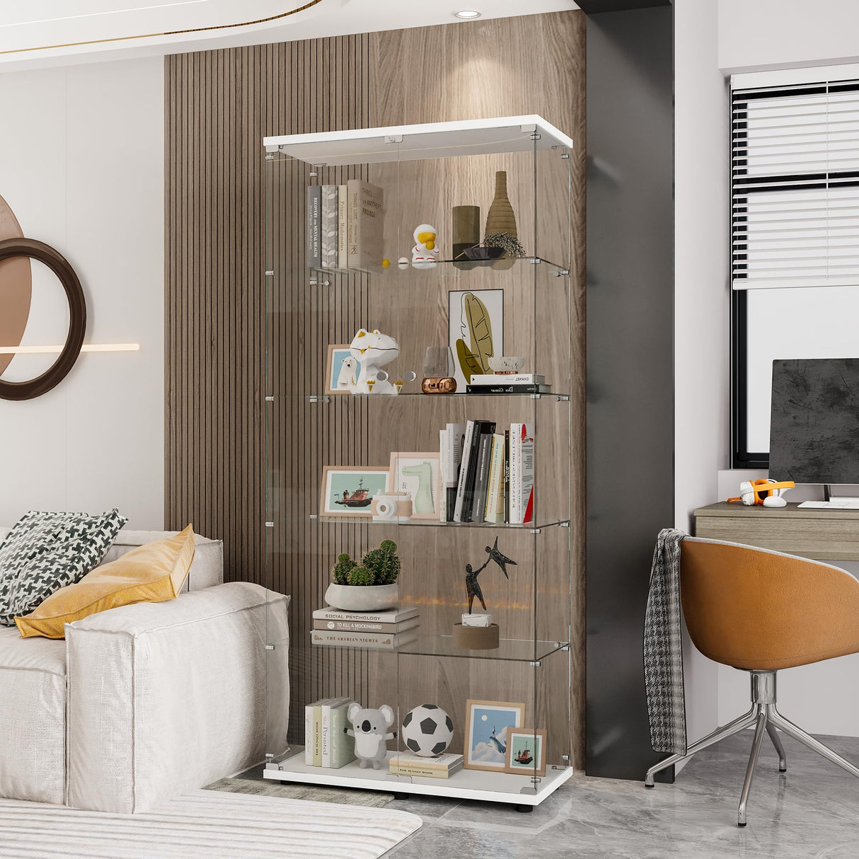 CISURCPI Glass Display Cabinet with 5 Shelves Double Door, Curio Cabinets for Living Room, Bedroom, Office, White Floor Standing Glass Bookshelf, Quick Installation,73.82”(H) x 31.69”(L) x 14.37”(W) CISURCPI