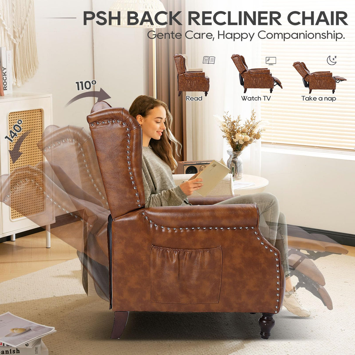 P.H.Furn Wingback Recliner Chair with Massage and Heat, Tufted Back PU Leather Living Room Armchair with Nailhead Trim,Push Back Recliner Chair with Remote Control,Padded Cushion (Tawny Brown) P.H.Furn