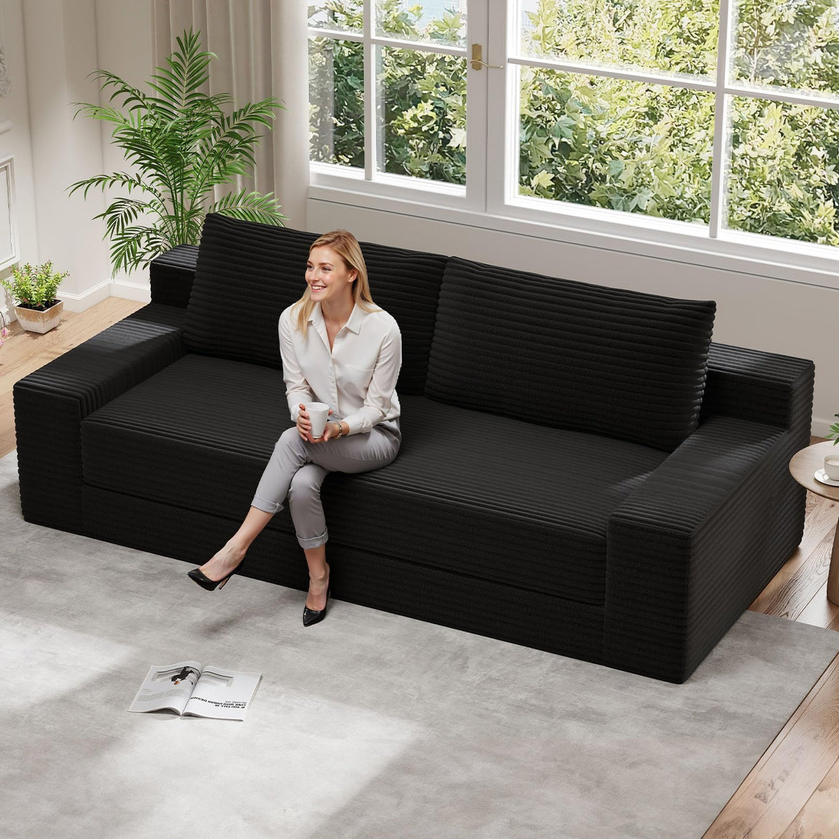 HZANHY 71" Loveseat Sofa, Corduroy Loveseats for Small Spaces, No Assembly Required Love Seat Couch for Living Room, Bedroom, Apartment, Black HZANHY