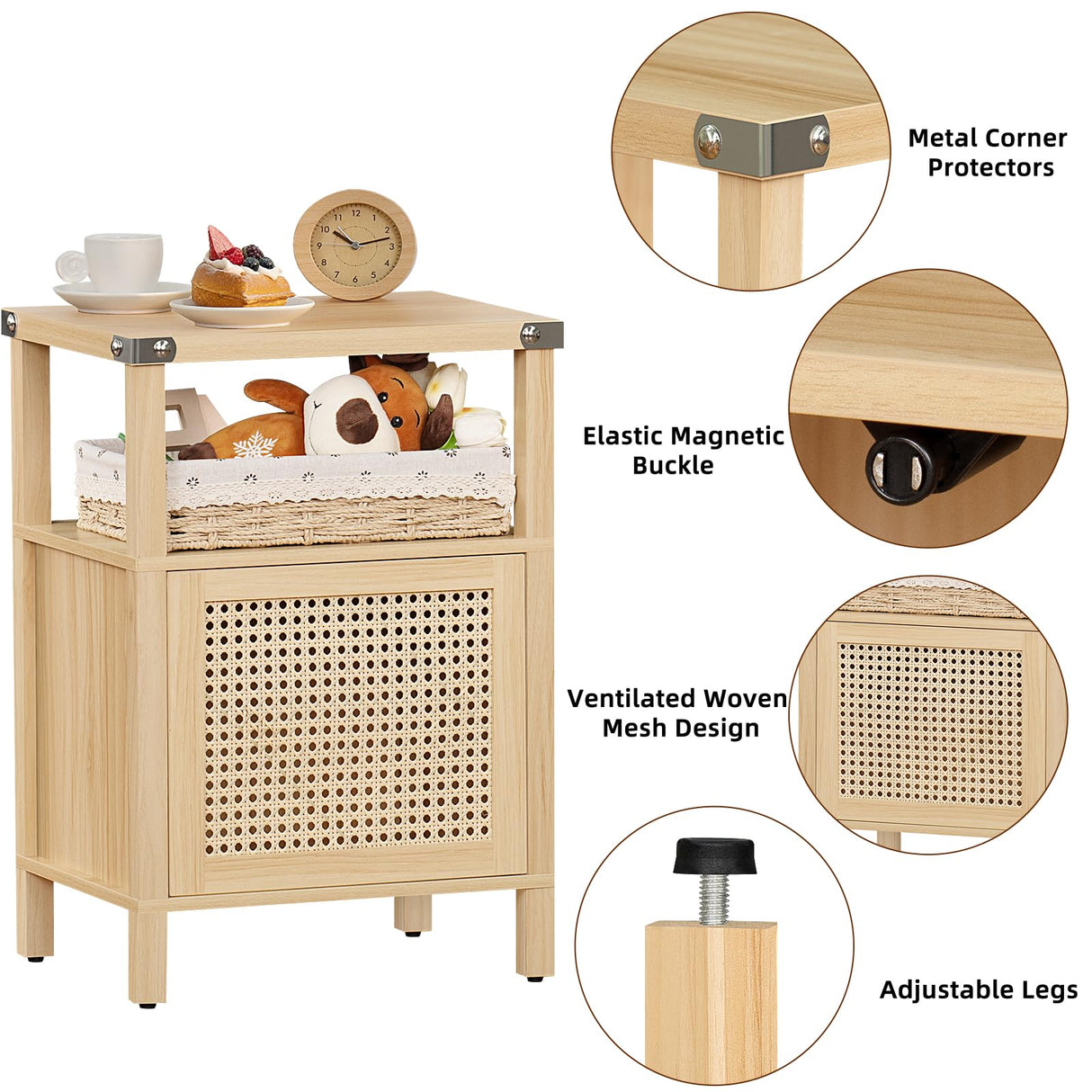 Lerliuo Rattan Nightstand, Boho Side End Table with Handmade Natural Rattan Decorated Door and Open Shelf, Wood Accent Night Stand with Storage, Bedside tables for Bedroom, Living Room (Natural) Lerliuo