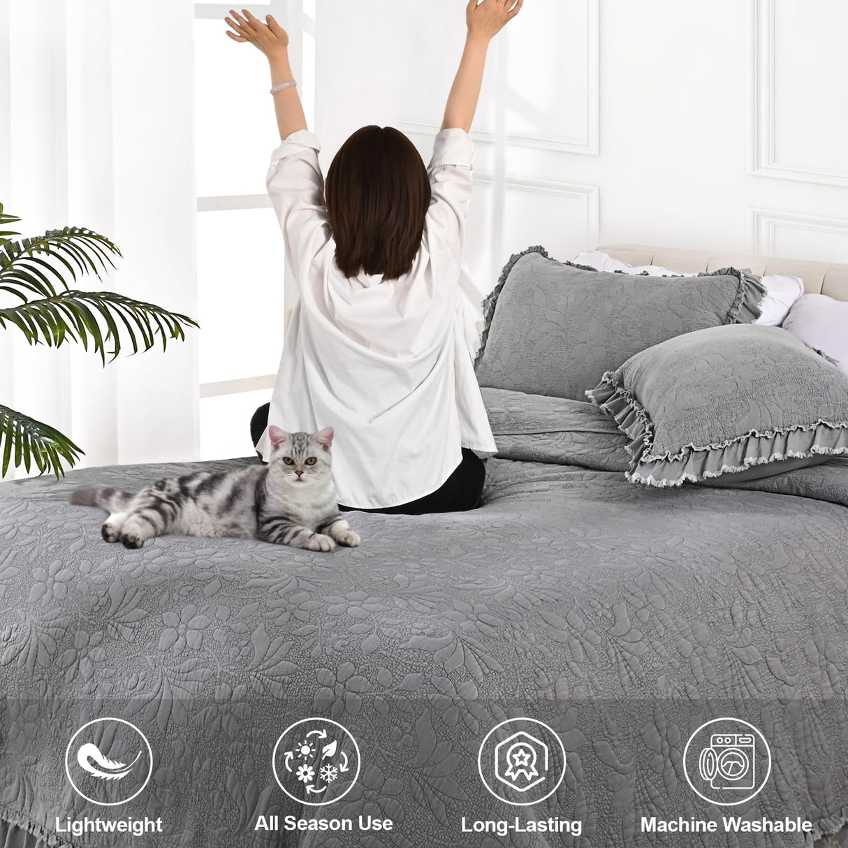 Uspring Grey Ruffled Floral Quilts Queen Size Soybean Fiber Filling Bedding Set 3 Piece, Stone-Washed Microfiber Farmhouse Shabby Chic Lightweight Soft Bedspread Coverlet for All Season, 90'' x 90'' Uspring