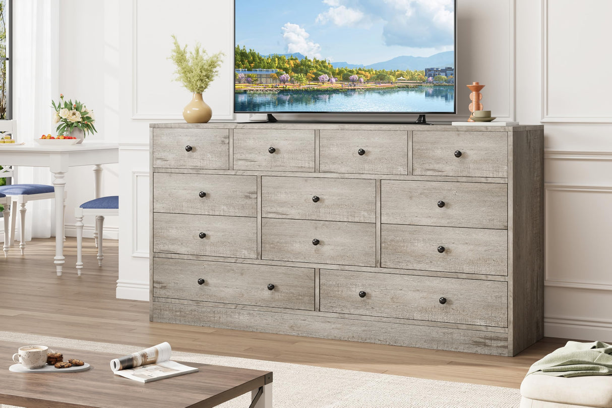 GarveeHome 12 Drawer Dresser for Bedroom, 61 Inch Wood Dresser with Power Outlet, Wide Chest of Drawers for Living Room, Hallway, Tall Dressers with Smooth Metal Rail, Large Storage, Antique Oak Garveehome