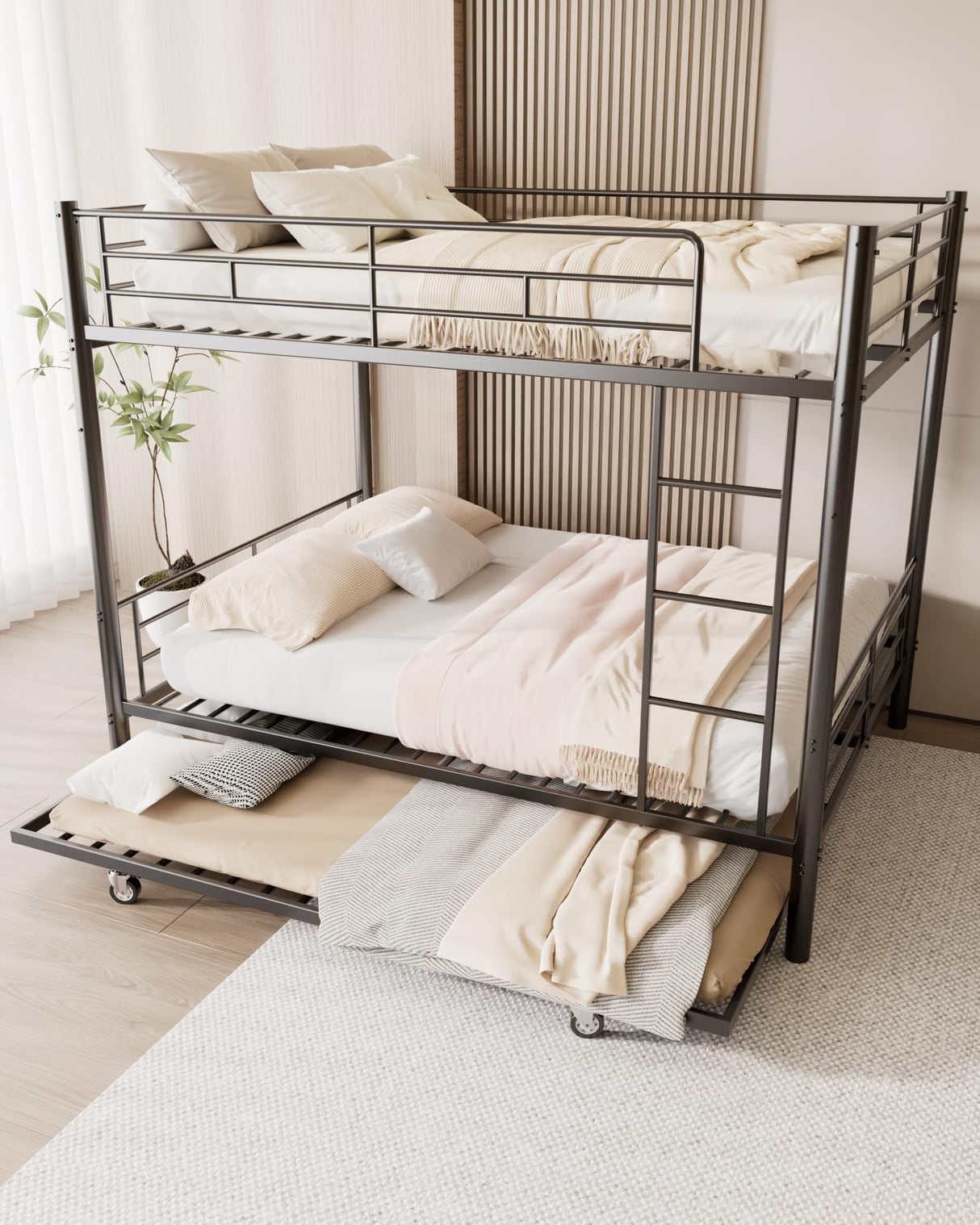 Feetice Full Over Full Bunk Bed with Trundle, Heavy Duty Metal Bed Frame with Full-Length Guardrails & Ladder, 3-in-1 Convertible Full Bunk Bed, Noise-Free, No Box Spring Needed, Black Feetice