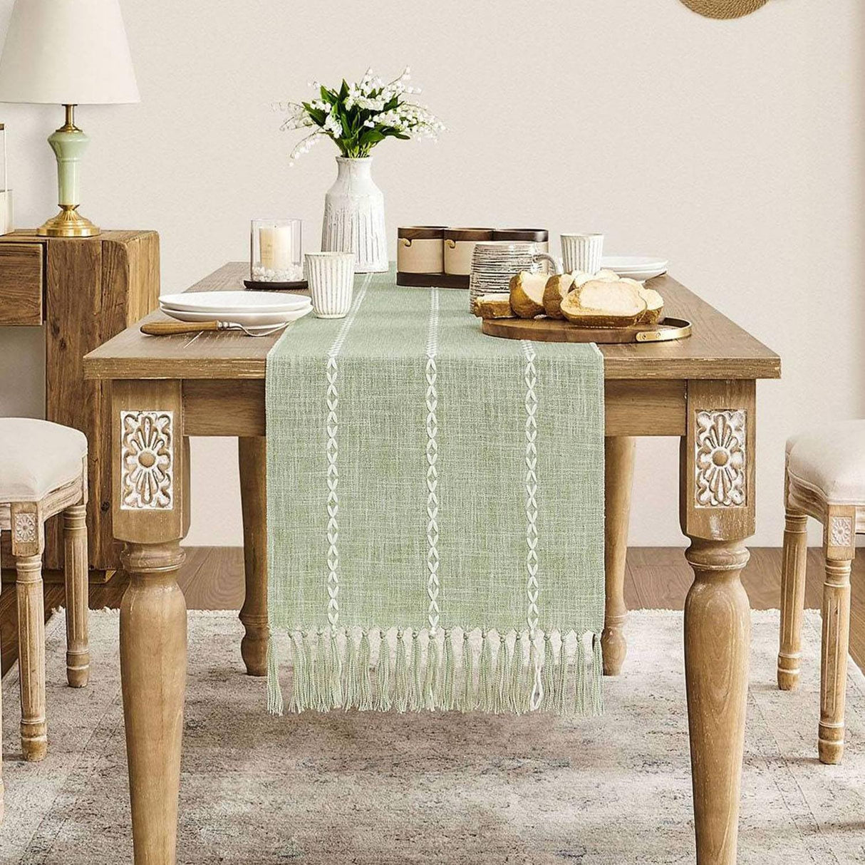 ZeeMart Farmhouse Braided Striped Table Runner, Rustic Sage Green Table Runners 72 Inches Long Boho Home Decor, Desert Sage 15x72 Inches ZeeMart