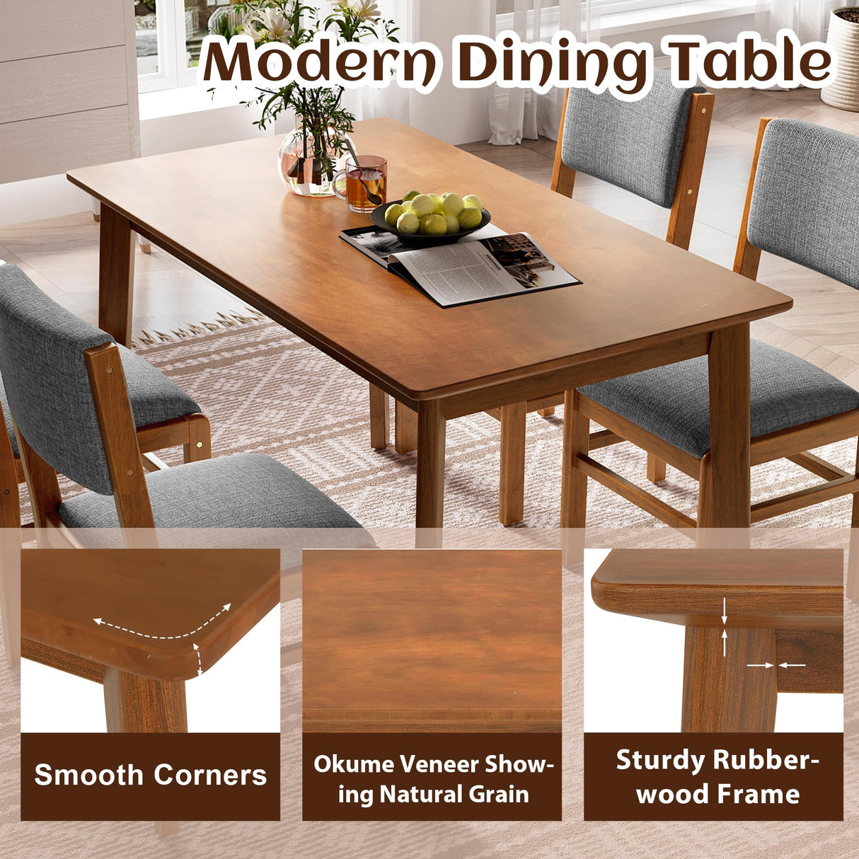 Merax 5 Piece Rectangle Wooden Dining Table Set, Mid Century Modern Tables and 4 Upholstered Wood Chairs for Kitchen, Home, Saving Space, Brown+Gray Merax