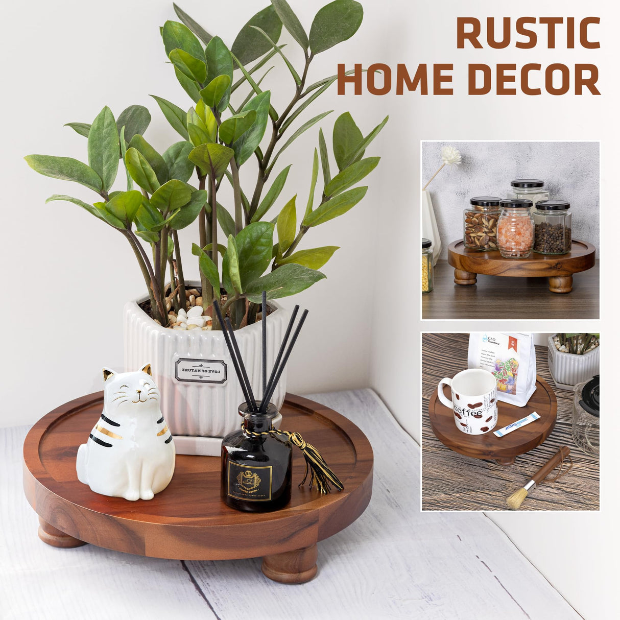 Demigo 10" Acacia Wood Round Tray - Decorative Plant Stand, Farmhouse Countertop Organizer, Multi-Purpose Display Pedestal, Riser Board for Soap, Perfume, Candles, Sponge, Bathroom, Kitchen Demigo