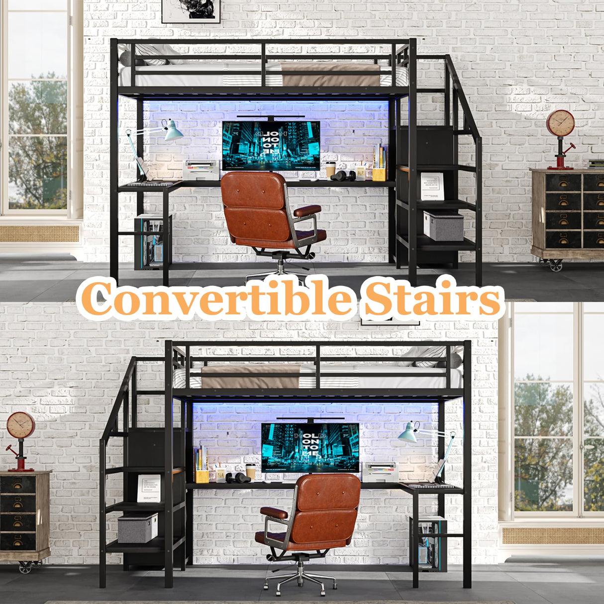 Bellemave Full Size Metal Loft Bed with L Shaped Desk and Wardrobe, Heavy Duty Loft Bed Frame with Storage Stairs, LED Loft Bed Frame with Charging Station & Safety Guard, Space Saving Loft Bed, Black Bellemave