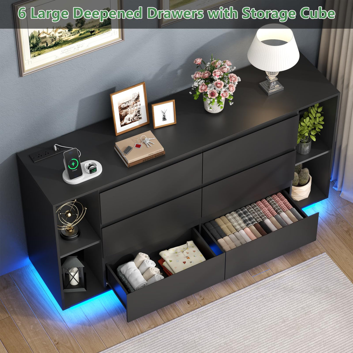 Gyfimioe 6 Drawer Dresser with Power Outlet, Floating White Dresser Chest of Drawer with LED Light,Modern Double Wide Drawer Organizer Cabinet for Bedroom,Living Room (6 Drawer-Black) Gyfimoie