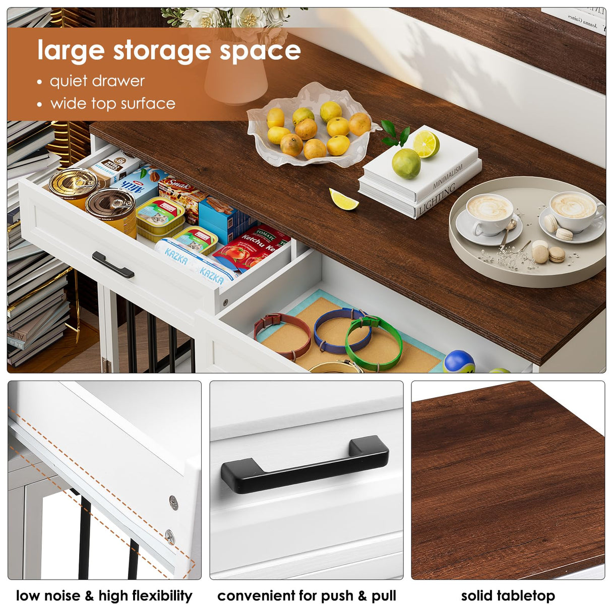 Dog Crate Furniture 47" Wooden Dog Kennels for Dogs Indoor with a Removable Divider for Large/Medium/Small Dogs, 2 Storage Drawers and Large Tabletop Dog Cages Double Doors Dog House, White TTVIEW