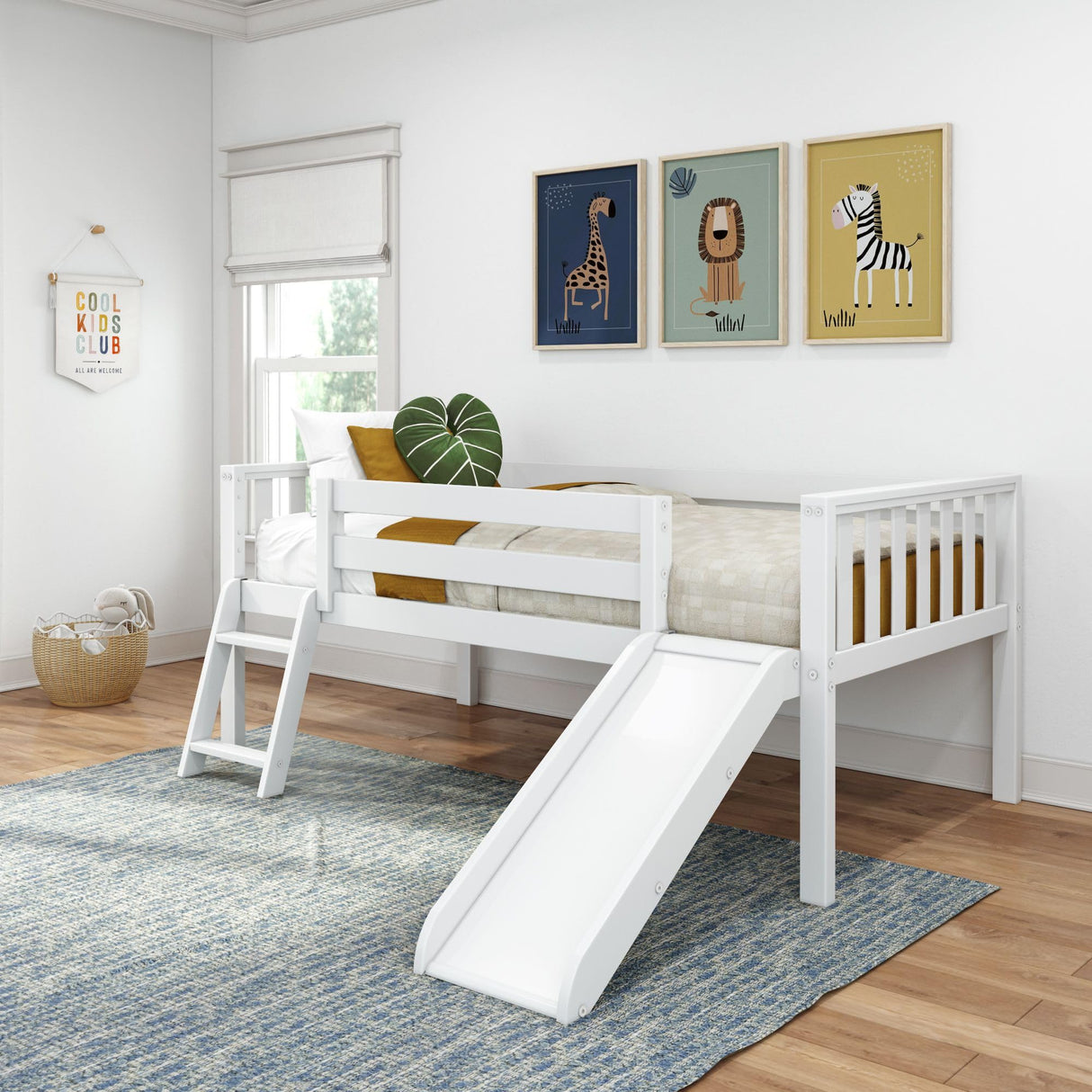 Max & Lily Twin Ultra Low Loft Bed with Slide and Climbing Ladder, Solid Wood Bed for Kids, Space Saving Design for Small Rooms, Twin Size Loft Bed with 14 Inch Guardrails, Anti Slip Steps, White Max & Lily