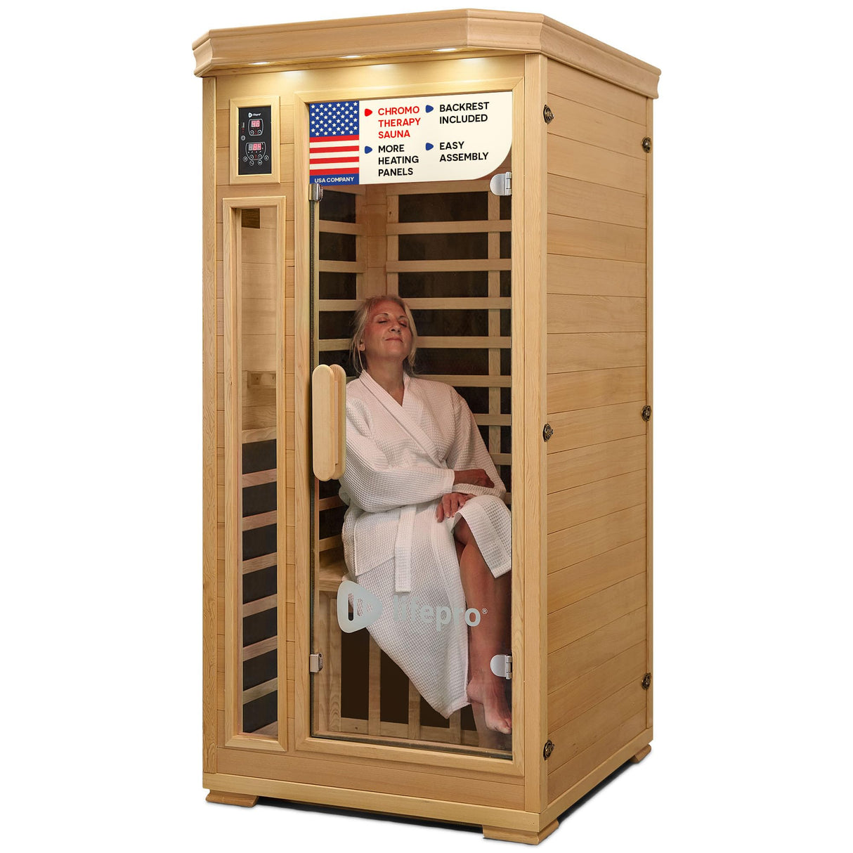 LifePro 1 Person Far Infrared Sauna for Home - Home Sauna, Tempered Glass Door, Oxygen Ionizer, & 7 Chromotherapy Lights for Indoor Sauna - Canadian Hemlock Wood Dry Sauna with Bluetooth Sound System LifePro