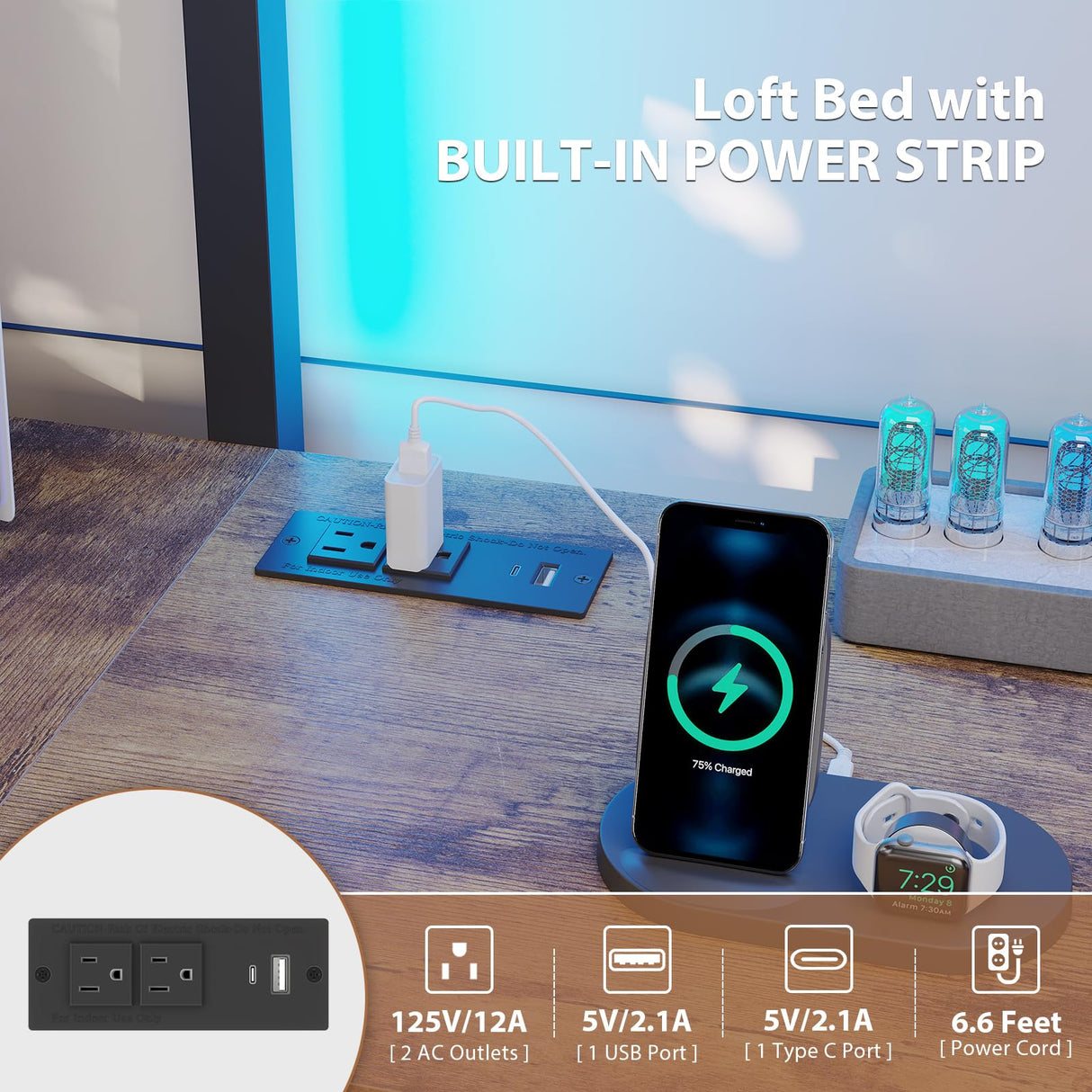 Loft Bed Twin Size with L-Shaped Desk,Metal Bunk Bed Frame with 5 Storage Drawers, LED Lights & Charging Station,Twin Loft Bed with Removable Ladder, Safety Guardrail,No Box Spring Needed,Rustic Brown Dnxao