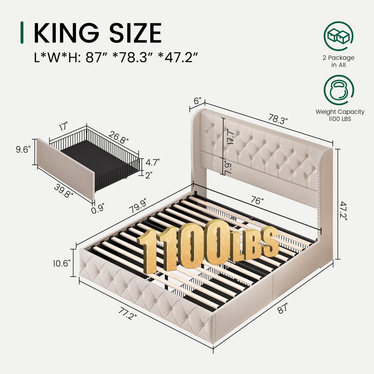 LARMACE King Size Bed Frame with 4 Storage Drawers and Tufted Headboard Linen Upholstered Platform Bed Frame Wingback Beds with Wooden Slats Support, Easy Assembly, Beige LARMACE