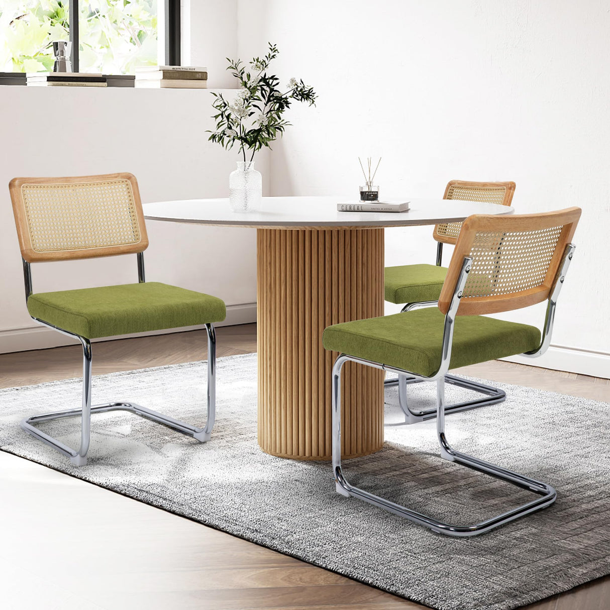 KROFEM Modern Cesca Cane Dining Chairs, Set of 2, Handwoven Rattan Cane Back, Chrome Base, Upholstered Cotton Seat, Ideal for Kitchen or Dining Room, Green KROFEM