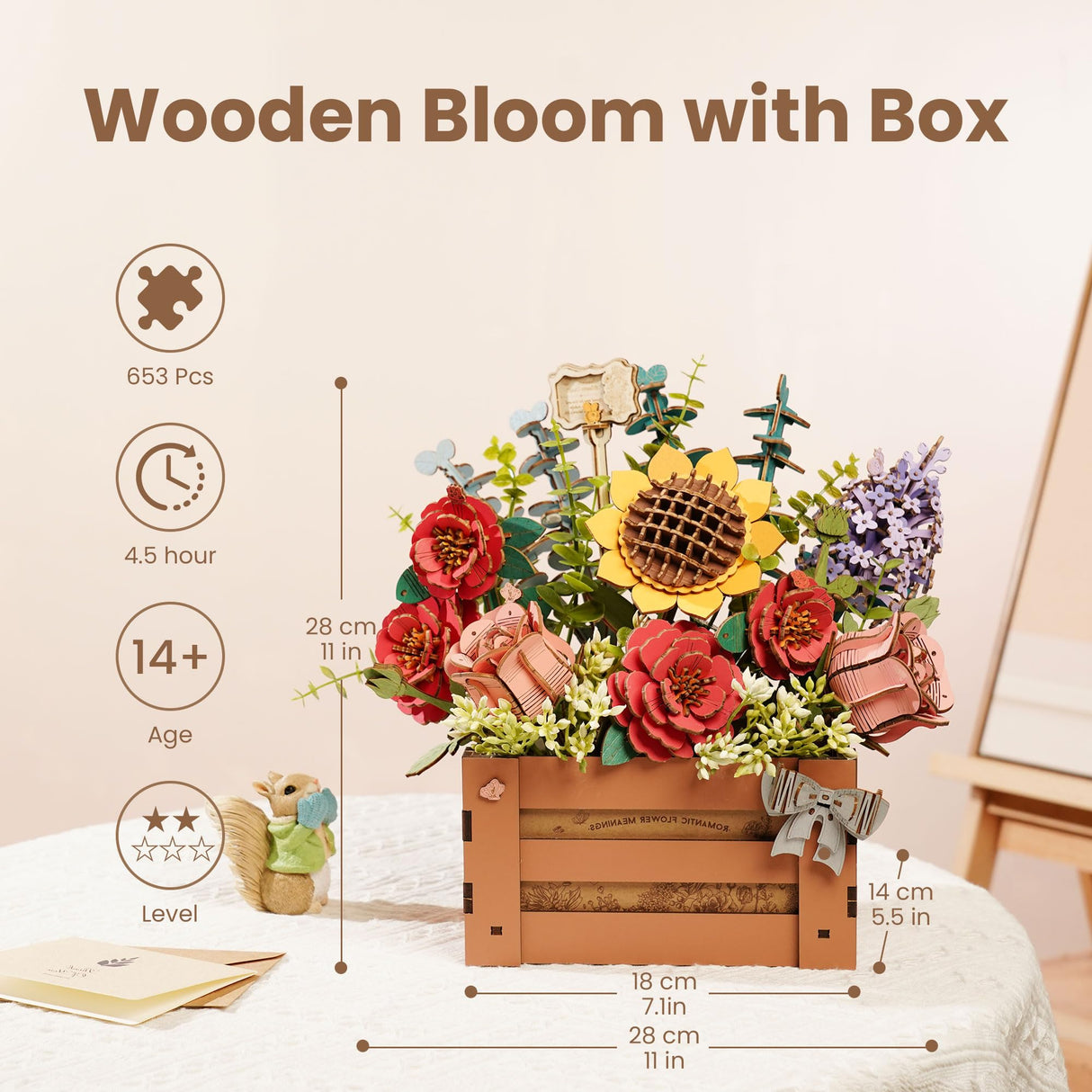 ROBOTIME 3D Wooden Bloom Box Puzzle, Adults' Flower Bouquet Building Set, Artificial Flowers Home Decor, Gift for Wedding/Mother's Day/Birthday, Wood Craft Kit ROBOTIME