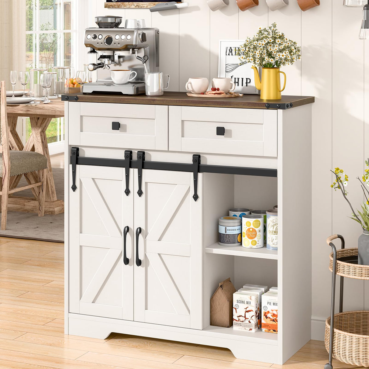 Befrases Farmhouse Storage Cabinet, Bathroom Cabinet with 2 Sliding Barn Doors, Floor Storage Cabinets with Adjustable Shelves and 2 Drawers for Kitchen, Living Room, Dining Room, White Befrases