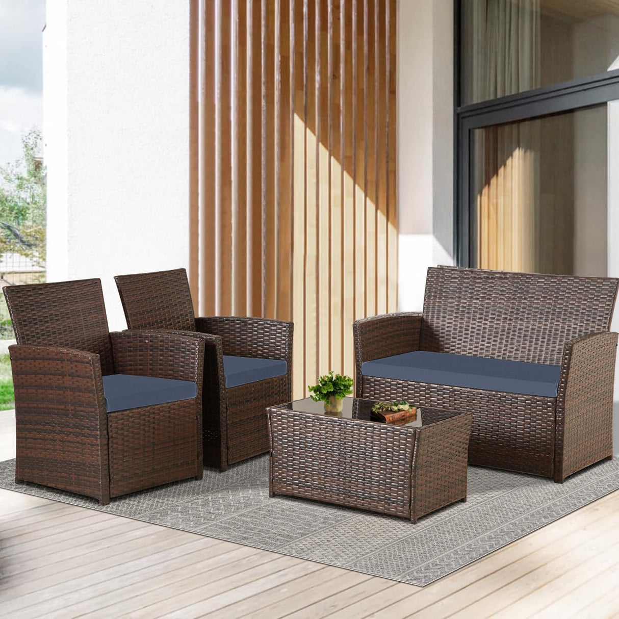FHFO 4 Piece Outdoor Patio Furniture Sets, Wicker Sectional Conversation Sofa Set, Rattan Table and Chairs and Loveseat with Cushions for Outside Balcony Porch Backyard (Brown-Blue) FHFO