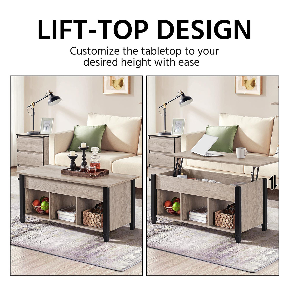 Yaheetech Gray Coffee Table, Lift Top Coffee Table with Hidden Compartment & Shelf, Lift Up Dining Table for Living Room Reception, Retro Central Table with Wooden Lift Tabletop, 41 inch L Yaheetech