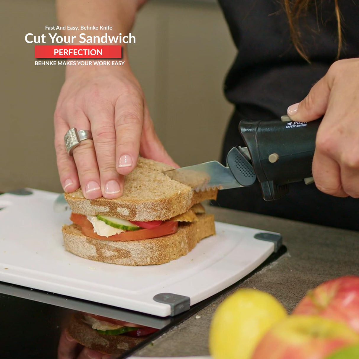 BEHNKE Professional Cordless Rechargeable Electric Knife with 4 Serrated Blades and Safety Lock Trigger Release, Perfect for Carving Meats, Poultry, Bread – Black BEHNKE