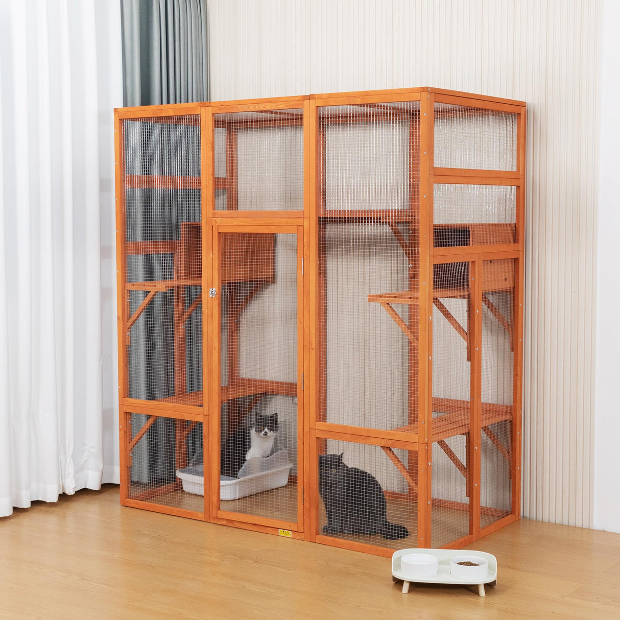 COZIWOW Large Wooden Cat Cage with Perches and Condos, Play & Run Enclosures Indoor Kitty Window Kennel with Waterproof Roof, 7 Platforms & 2 Resting Box, UV Resistant, 62.4"L x 32.4"W x 70"H, Orange COZIWOW