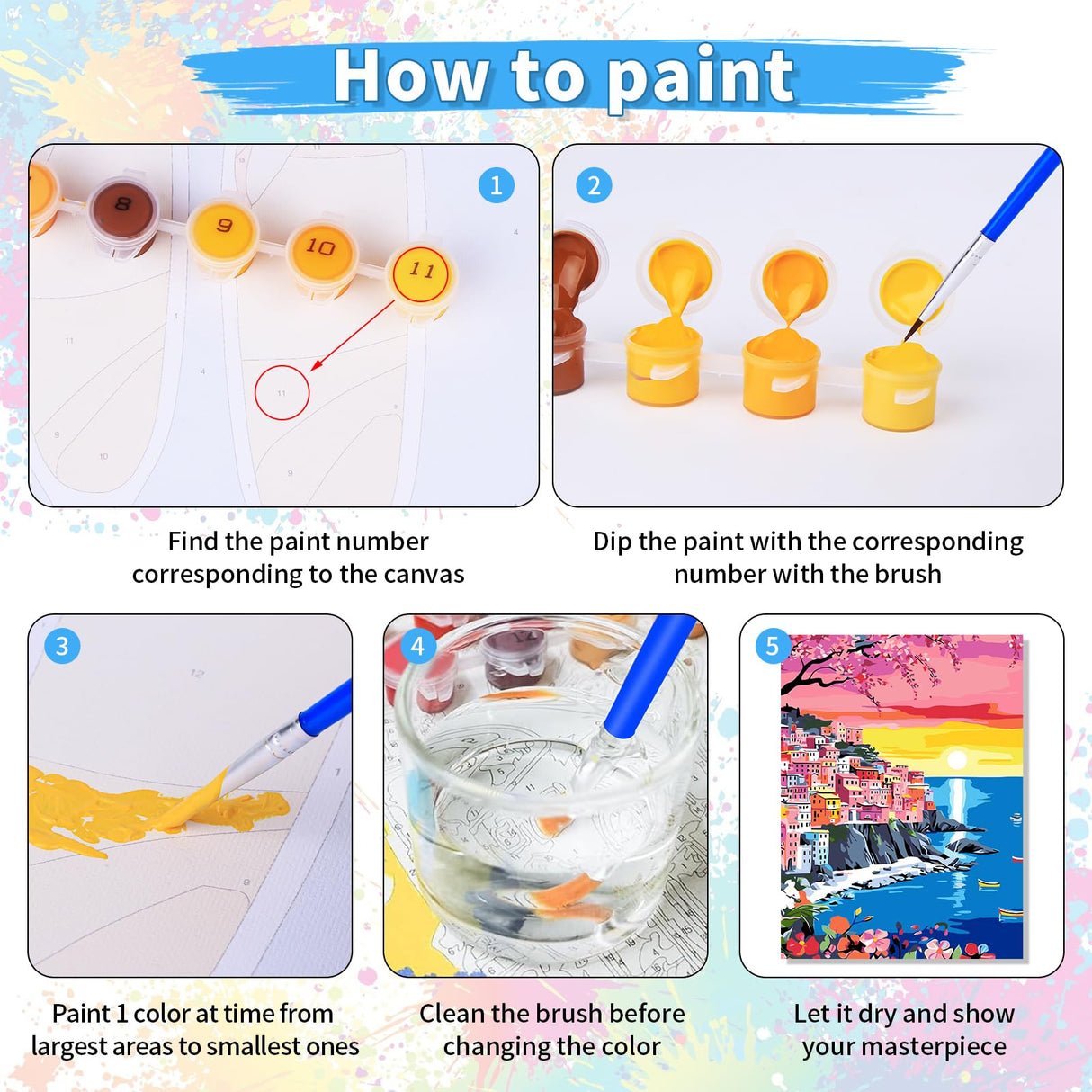 6 Pack DIY Paint by Number Kit for Adults - Mediterranean Coastal Scenery Oil Painting Set, 12x16 Inch Canvas (No Frame), 18 Vivid Acrylic Paints - Stress Relief Art Craft for Home Decor & Gifts TINY FUN
