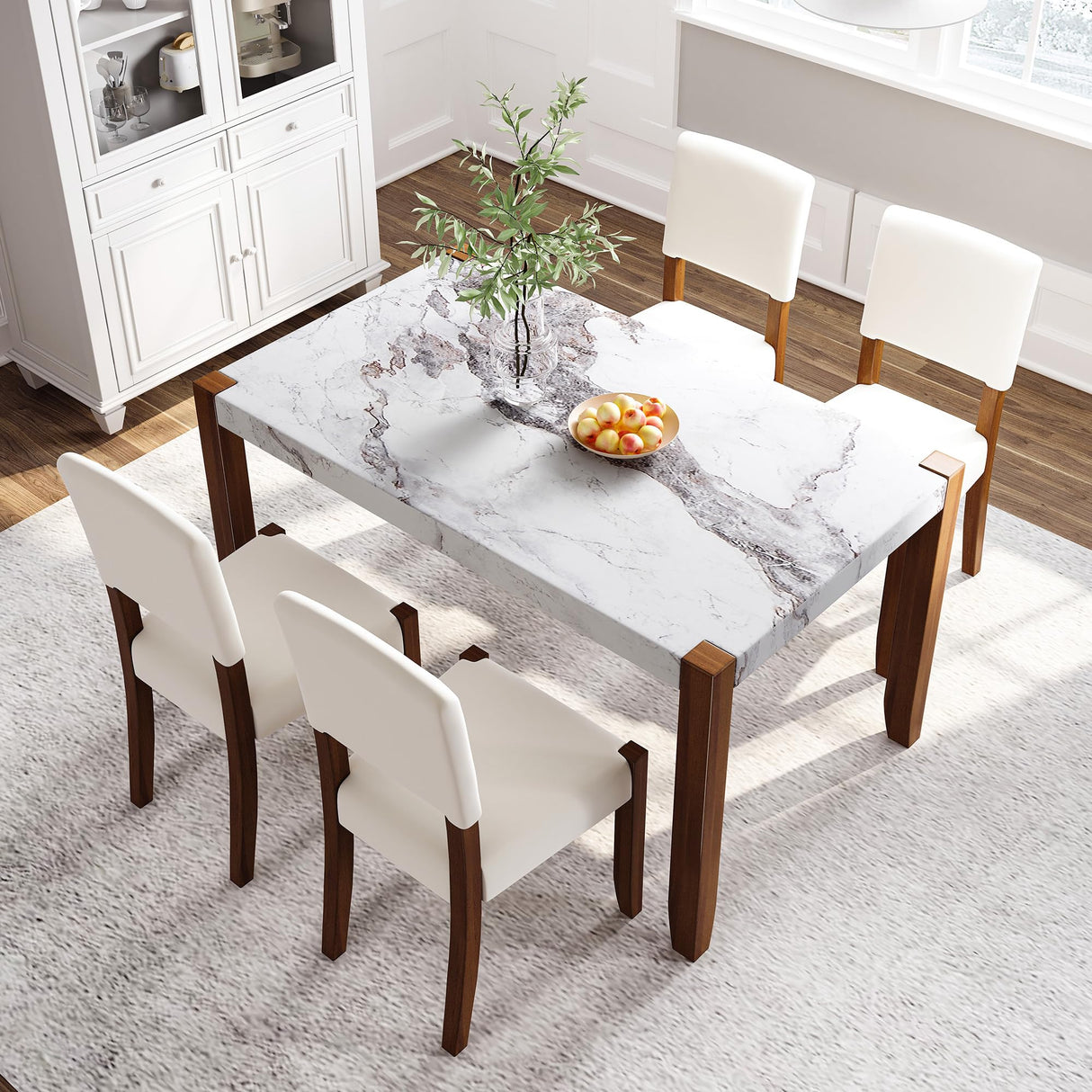 Merax Modern 5 Piece Dining Table Set for 4,Faux Marble Style Kitchen Table Set with One Rectangle Table and 4 Dining Chairs for Dining Room Table Set for Small Place Merax