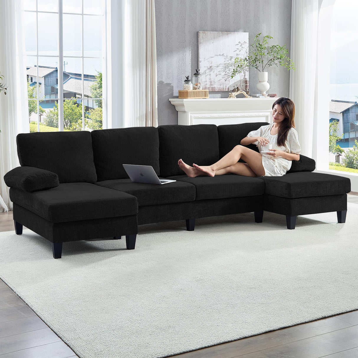 ijuicy 110" U Shaped Couch with Double Chaises, Sectional Couches for Living Room with Sleepable Armrest, 4 Seater Sofa Set/Sectional Sofa, Living Room Furniture (Chenille, Black) ijuicy