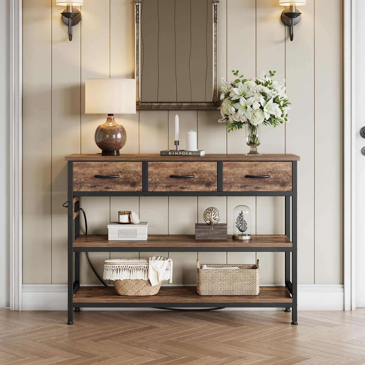 Lulive Entryway Table with Power Outlets, Console Table with 3 Fabric Drawers, Sofa Table for Living Room, Hallway, Couch, Foyer, Height Adjustable (Rustic Brown, 43") Lulive