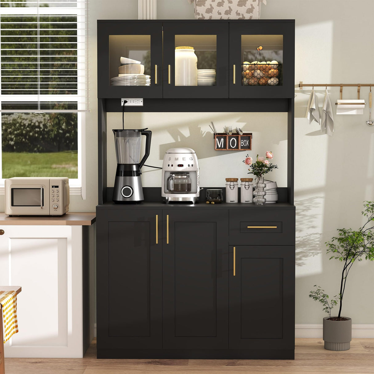 Vrmuxita Black Kitchen Pantry with Countertop: 71" Tall Kitchen Pantry Hutch Cabinet with Storage, Cabinet Hutch with Lights Outlets, Large Wood Food Cabinets (Black) Vrmuxita