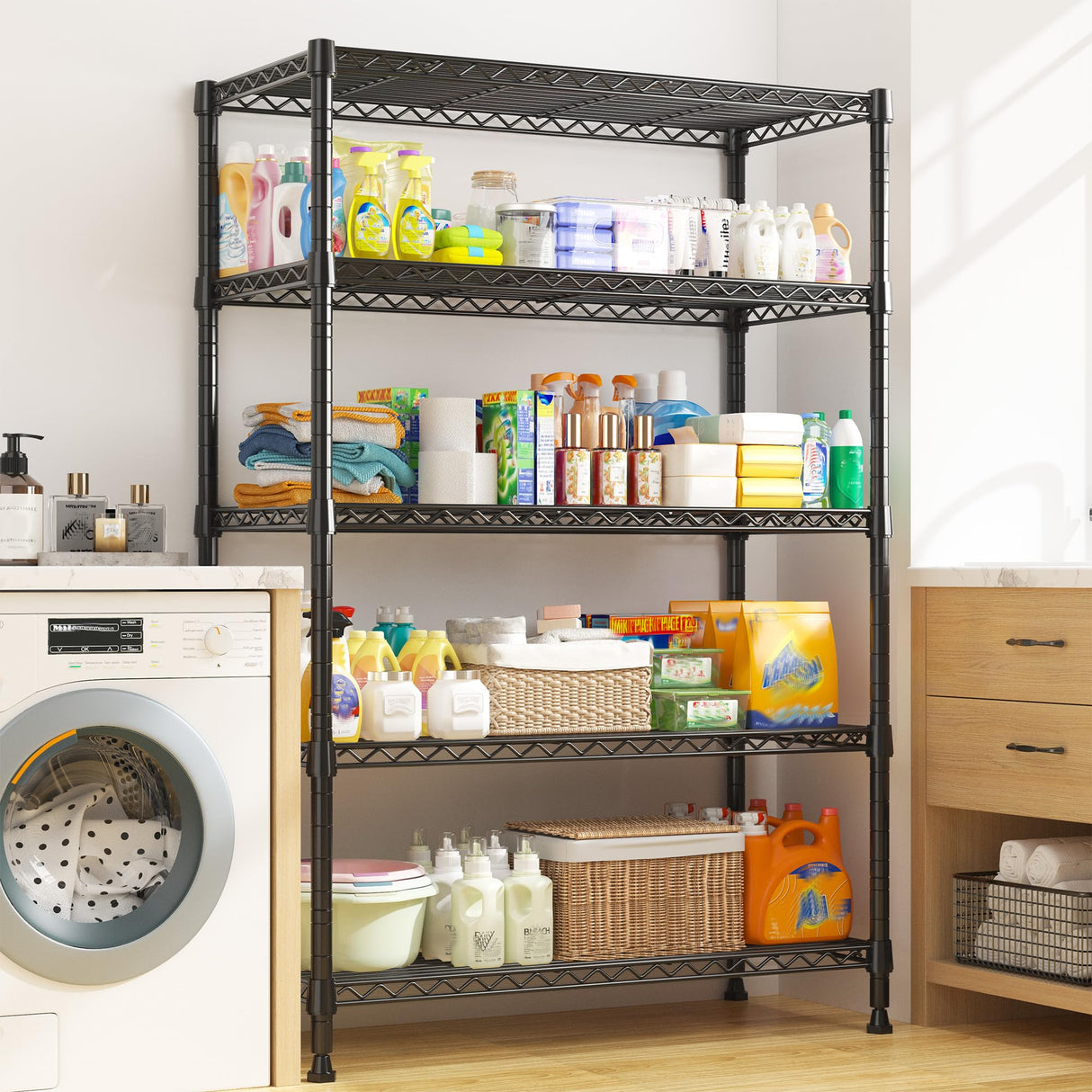 REIBII Storage Shelves, 5-Tire Wire Shelving Load 1000LBS Metal Shelves for Storage Adjustable Garage Shelving Unit Wire Shelf Rack Kitchen Storage Rack Pantry Shelves 31.5''W x 15.7'' D x 71''H REIBII